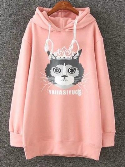 Cartoon Cat Print Fleece Hoodie EL01