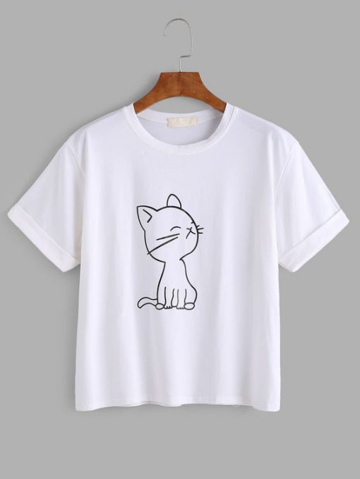 Cat Print Cuffed T-shirt ER01