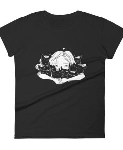 Girl Hugging Cats Ladies Black T-Shirt ER31