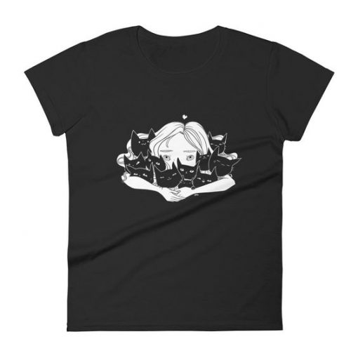 Girl Hugging Cats Ladies Black T-Shirt ER31